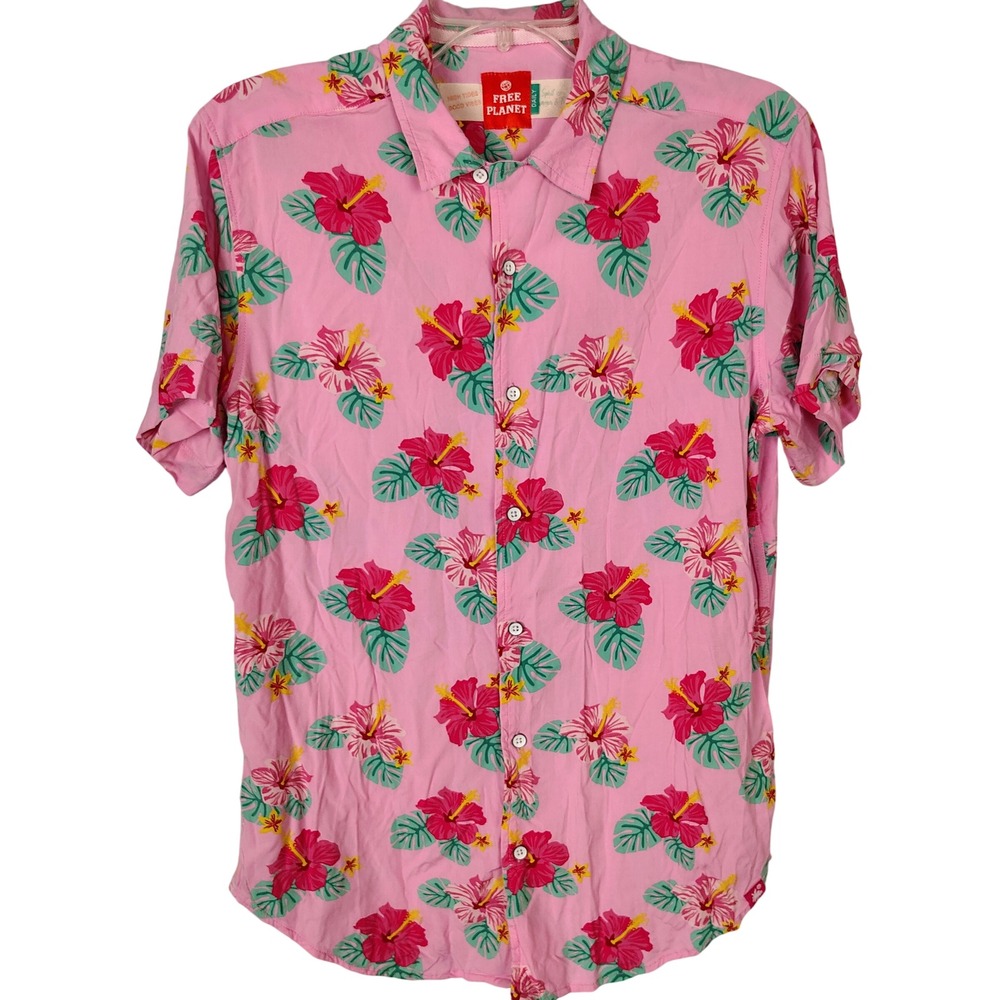 Free Planet Mens Pink Hibiscus Tropical Print Button Down Shirt costal
